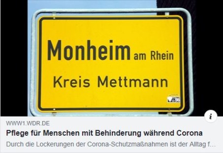Ortsschild Monheim am Rhein, Kreis Mettmann www.WDR.de Pflege für Menschen mit Behinderung während Corona