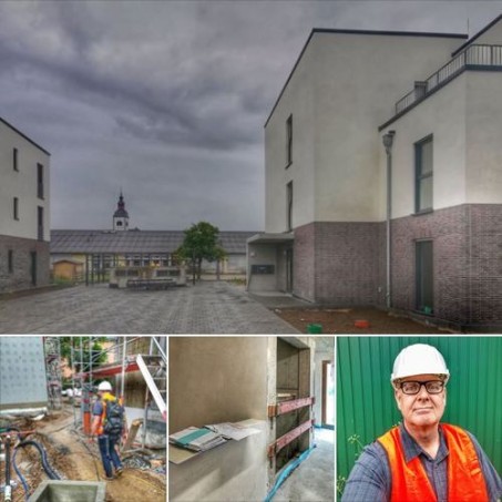 Collage aus vier Bildern: Eindrücke aus einem Neubaugebiet, Baustelle, ein Mann mit Helm und Warnweste vor einer grünen Wand.