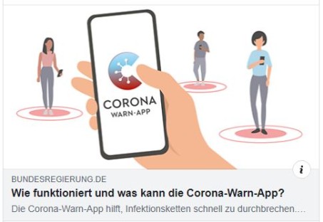 eine Zeichnung: Ein Handy in einer Hand. Auf dem Display die Corona-Warn-App. Im Hintergrund drei Personen, die alle Handys in der Hand haben.