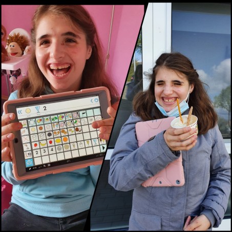 eine Collage aus zwei Bildern: links eine junge Frau mit einem Talker in den Händen. Rechts dieselbe junge Frau mit einem Eisbecker in der Hand.