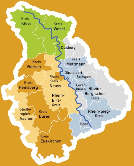 Karte des Rheinlandes. Die Region Niederrhein ist grün markiert, der linksrheinische Bereich ist orange markiert und der rechtsrheinische Bereich ist blau markiert.